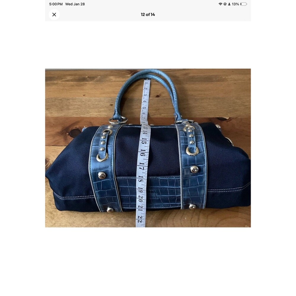Kathy Van Zeeland Blue Denim & Faux Leather Satchel Bag/Purse Grommets/Studs - Picture 10 of 12